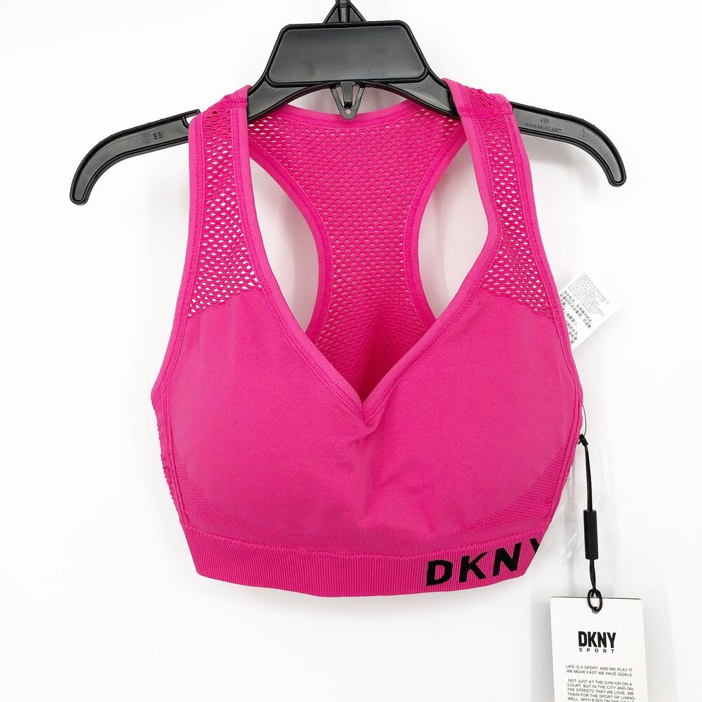 DKNY SPORT Women's Sports Bra XS Hot Pink Mesh-Back Medium-Impact NWT - Picture 3 of 10